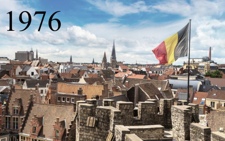 Rooftops of Brussels with a Belgian flag flying
