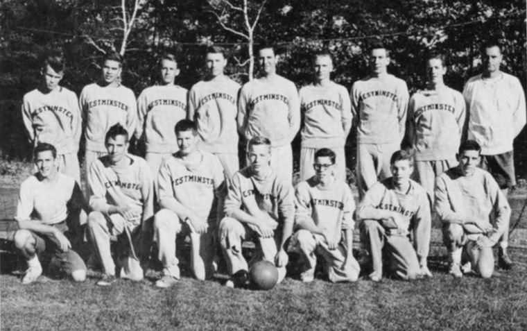 A black and white picture of an American Football Team with Dick Clement taken in 1955.