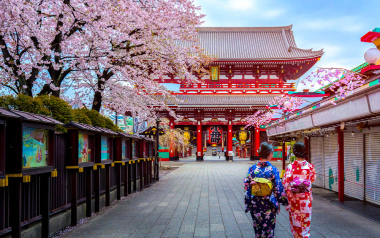 Two Japanese ladies walking towards an oriental shrine