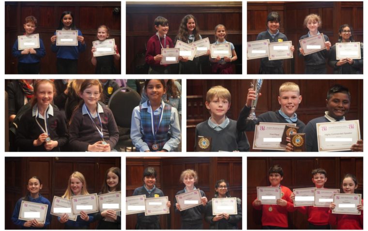 Collage of young pupils posing for a picture with their awards, trophies, and medals