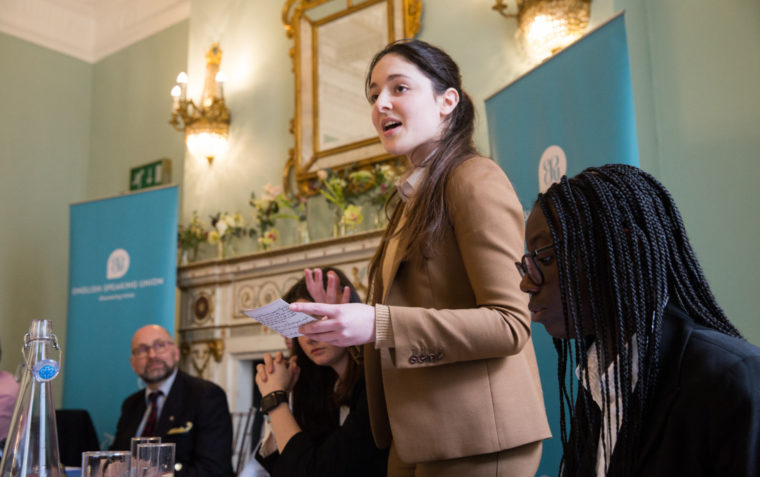 Opposition 2nd speaker delivering her speech at an ESU debating competition
